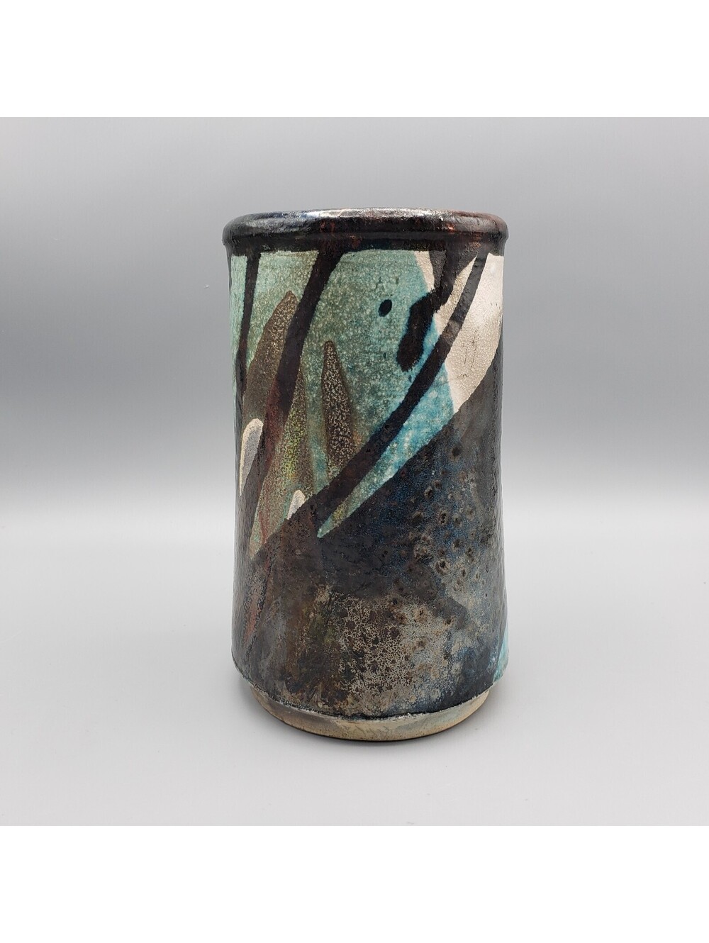 Raku Pottery Vase Metallic Iridescent Glaze Artist Signed 7" Column Hand Made